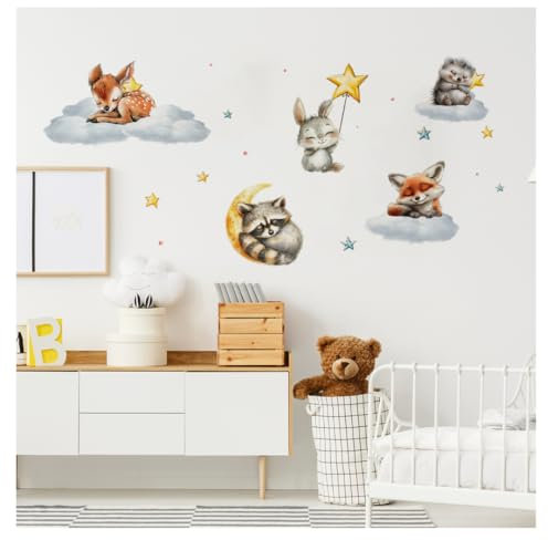 TALEAS Wandtattoo Kinderzimmer Waldtiere, Wandsticker schlafende Tiere & Sterne, Deko Babyzimmer für Mädchen & Jungen, Selbstklebend & Wiederverwendbar