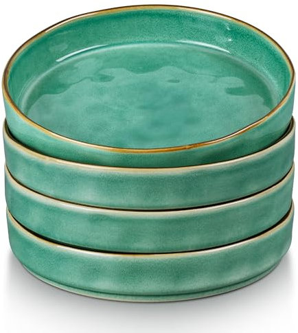 LIANYU 33oz Pasta Bowls, 8.25’’ Wide Shallow Salad Plates Set of 4, Stoneware Ceramic Dinner Serving Bowls for Cereal, Fruit, Soup, Microwave & Dishwasher Safe, Emerald Green