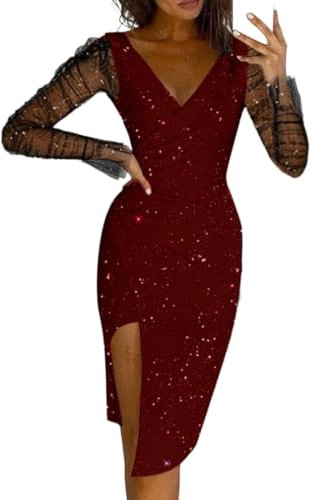 Abendkleid Damen Kleid Zeremonie Damen Langarm Pailletten Etuikleid Chic Kleid Spitze Cocktail Kleid Glänzendes Kleid Minikleid Brautjungfer Formal Karneval Sommer Frühling, rot, XL