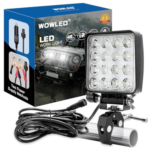 WOWLED 12V Portable LED Work Light With Mounting Clamp, Two Way Power Super Bright Boat Light With cigarette & Clamp, LED Spreader Pod 48W 12V Marine Lights for Fishing T-Top Truck 4X4 SUV
