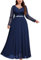 MISSMAY Plus Size Floral Lace Contrast Chiffon Lantern Long Sleeves Rhinestone Waist Closing Formal Banquet Maxi Dress (1XL, Navy Blue)