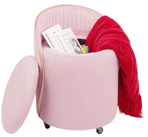 KLASIKA Round Storage Ottoman, Upholstered Velvet Vanity Stool with Lumbar Support, Swivel Rolling Wheels, Small Foot Stools Coffee Table Padded Seat for Makeup Room, Living Room, Bedroom (Pink)