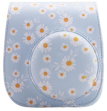QICNMFA Protective Case Compatible with Fujifilm Instax Mini 12 11 9 8 8+ Instant Camera, PU Leather Camera Case with Pocket and Adjustable Shoulder Strap (Blue Daisy)