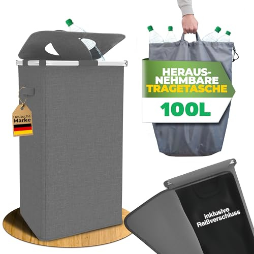 COTTARA® Pfandflaschen Sammelbehälter mit Metallrahmen - extra stabil, 100L | Pfandbehälter mit Reißveschluss auf Rückseite, Drehdeckel und Tragetasche, Flaschensammler Leergut Behälter Pfandsammler grau