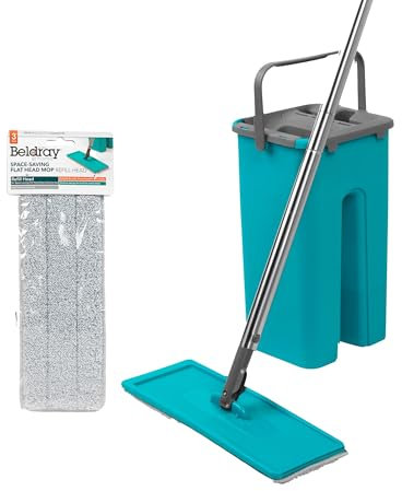 Beldray Mop and Bucket Set – Includes Spare Mop Head, Squeeze Mop Bucket, Soak & Wring, Wet & Dry, 2.5L Capacity & Built-In Wringer, Dirt Removing Scraper, Microfibre Mop Head, Hard Floors