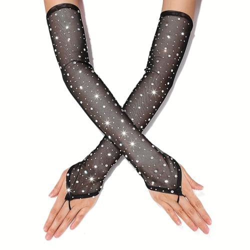 AEKZOX 1 Paar Schwarz Strass Fingerlose Brauthandschuhe Tüll Schwarz Handschuhe Glitzernde Handschuhe Damenhandschuhe Party Kostüme Halloween Hochzeit