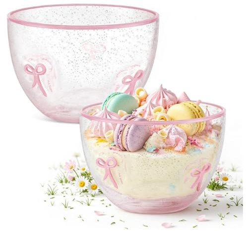 Potchen 2 Pcs Pink Bow Glass Bowls, 14 oz Clear Pink Glass Dessert Ice Cream Bowls, Coquette Aesthetic Candy Dish Snack Fruit Serving Bowl for Kitchen Tea Party Bridal Shower Room Decor