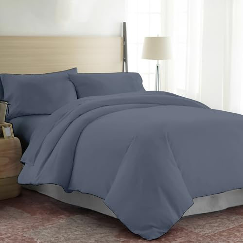 EKOSCIOUS 100% Tencel Lyocell Eucalyptus Sateen Solid, Double Size Duvet Cover Set, with 2 Pillowcases, Crown Blue - 300 Thread Count Breathable, Cool & Soft