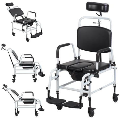 Reclining Shower Chair with Wheels, Adjustable Commode Wheelchair with Headrest and Foot Rests, Tilt Rolling Shower Chair with Wheels for Elderly and Disabled (Black)