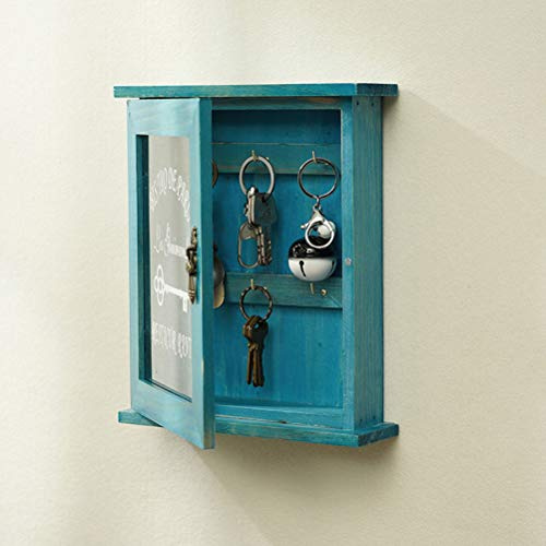 Hidyliu Organisateur de clés, armoire à clés en bois, belle boîte de rangement rétro pour clés pour un usage domestique, en bois massif avec porte en acrylique, 1 pièce, 25 x 6 x 21 cm (bleu)