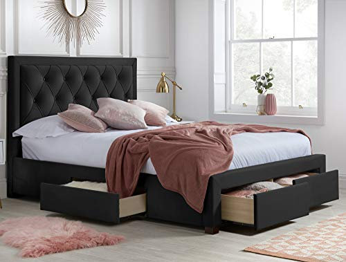 Velvet Storage Bed, Happy Beds Woodbury Black Fabric Modern 4 Drawer Storage Bed - 4ft6 Double (135 x 190 cm) Frame Only