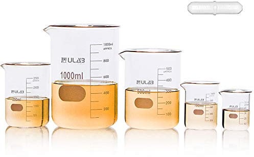 ULAB Scientific Glass Beaker Set with Magnetic Stir Bar Offered, 5 Sizes 50ml 100ml 250ml 500ml 1000ml, 3.3 Boro Griffin Low Form with Printed Graduation, UBG1002