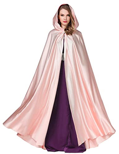 BEAUTELICATE Cape à Capuche Longue pour Femme Mariée Mariage Poncho en Satin De Automne Hiver Manteau Médiéval Unisexe Déguisement De Halloween Noël Carnaval(Taille Unique, Rose)