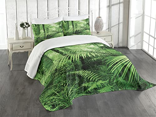 ABAKUHAUS Regenwald Tagesdecke Set, Palmen exotische Pflanzen, Set mit Kissenbezug Mit Digitaldruck, für Einzelbetten 170 x 220 cm, Grün