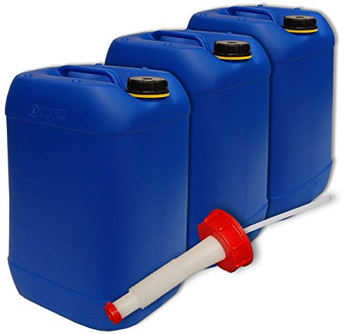 plasteo Lot di 3 bidoni, Contenitore, tanica 25 L, Colore Blu + beccuccio flessible DIN 61 (22248x3+22020)