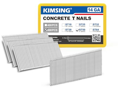 KIMSING Lot de 800 clous en T en acier galvanisé de calibre 14 5,1 cm | Clous de ciment pour béton cloueuse pour blocs de béton, murs de briques, parquets en bois, bandes de fourrure
