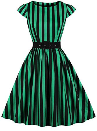 AXOE Damen Rockabilly Kleider 50er Jahre Baumwolle Gürtel Grün Schwarz Gestreift, Gr.38, M