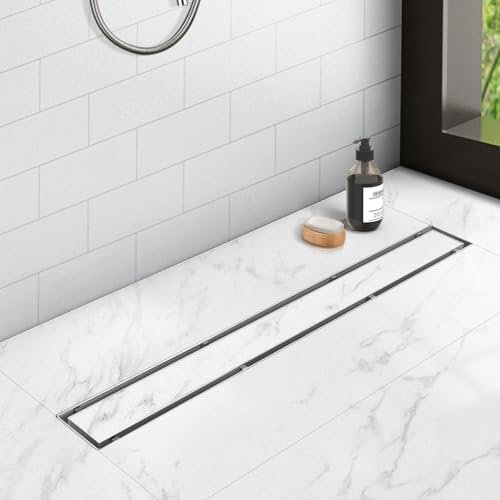 YEFU Shower Drain Nickel for Bathroom: 48 Inch Stainless Steel Linear Shower Drain – 2-in-1 Shower Floor Drain with Tile Insert Grate – Rectangle Linear Drain with Adjustable Feet & Hair Strainer