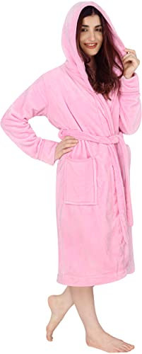NY Threads Luxury Ladies Hooded Dressing Gown Super Soft Fleece Women's Robe Comfortable Loungewear and Nightwear, Pink, X-Large