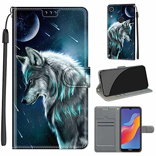 Coque pour Huawei Honor Play 8A / Y6 (2019), Loup | Portefeuille, Fentes Cartes, Antichoc PU Housse, Protection Flip Case, Fonction Stand Cuir Etui