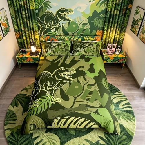 Jurassic Dinosaurier-Bettwäsche-Set, T-Rex-Knochen, prähistorische Dschungeltiere, Bettbezug für Kinder, Jungen, Mädchen, niedliches Cartoon-Dino-Bettwäsche und Leinen, Einzelbett