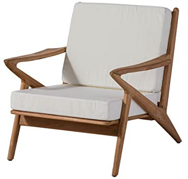Massivmoebel24.de Outdor Buton Gartenstuhl, Stuhl mit kantigem Design inkl. Auflagen weiß, massives unbehandeltes Teak Holz naturfarben, Gartensessel Vintage, Balkonstuhl für Garten, Terrasse, Balkon