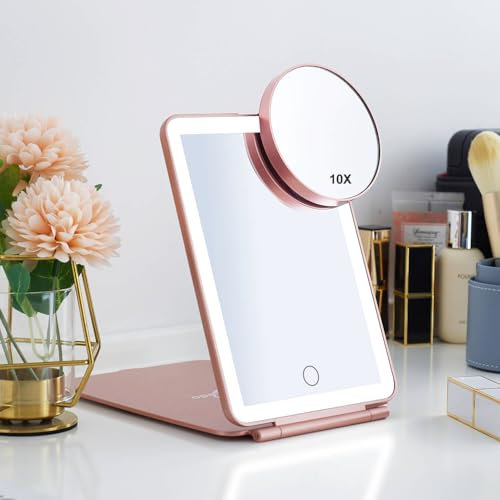 LED Foldable Travel Makeup Mirror - 5x7 inches 3 Colors Light Modes USB Rechargeable Touch Screen, Portable Tabletop Cosmetic for Travel, Cosmetic, Office (Rose Gold)
