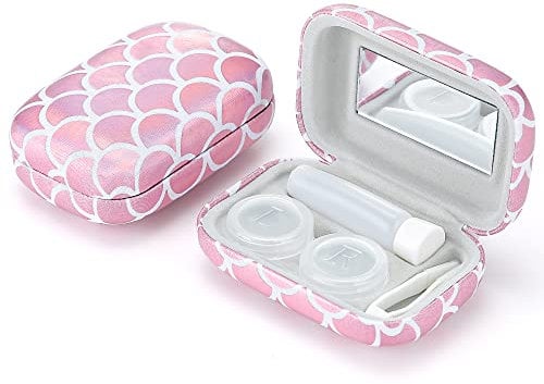 Muf Fish Scale Contact Lens Case,Portable Contact Lens Travel Kit with Mirror,Container,Tweezer,Contact Lens Solution Bottle,Compact Soak Storage Kit for Travel Outdoors Daily Use,Pink Sparkles