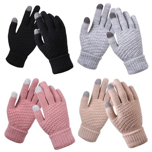 JFAN Handschuhe Damen Touchscreen Warme Winterhandschuhe Gestrickt Geeignet für Skifahren Outdoor und Büro 4 Paare(Schwarz+Grau+Pink+Beige)