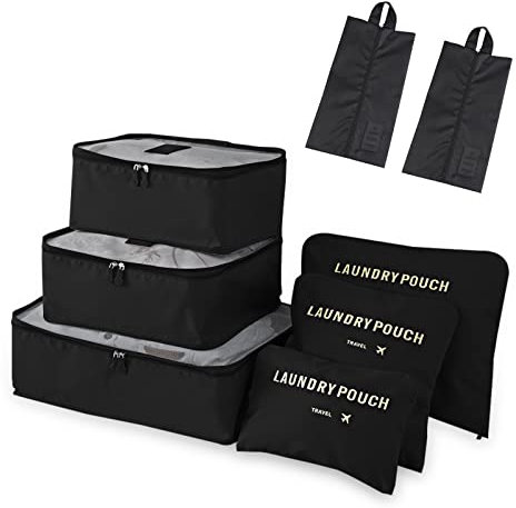Newaner Koffer Organizer 8 Stück, packing cubes Multifunktionale, Reise Kleidertaschen Wasserdichte, Packwürfel für Urlaub, Mit Schuhbeutel, packtaschen, für Kleidung Schuhe Kosmetik, Schwarz