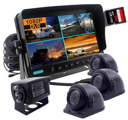CAMSLEAD 9 Inch Screen 1080P Rear View Camera System, Built-in DVR Recorder, Quad Split Screen, Car Monitor + 1X Rear View Cameras + 3X Side Cameras for RV Trailer Truck Trailer