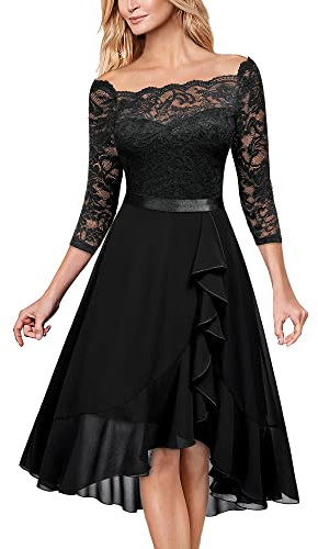 MIUSOL Women's Elegant Lace Chiffon 2/3 Sleeve Off-Shoulder Cocktail Ball Bridesmaid Patry Swing Midi Dress (X-Large, Black)
