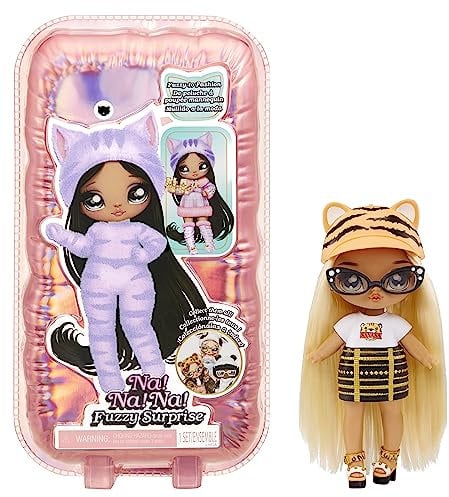 Na! Na! Na! Surprise Fuzzy Serie 1 - Tiger Linda - Muñeca de moda articulable 18 cm - Inspirada en una vaca, cuerpo flocado, gorro, gafas, traje y zapatos - Juguete para niños y niñas de 4+ años