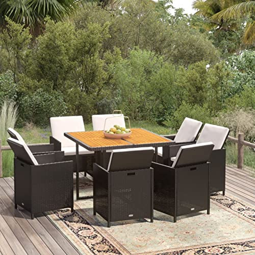 Gecheer 9-TLG. Garten Essgruppe, Terrassenmöbel Set 8 Personen, Sitzgruppe Metall Esstisch mit Holz-Tischplatte & 8 Poly Rattan Stühle mit Auflagen, Gartenmöbel Set Schwarz
