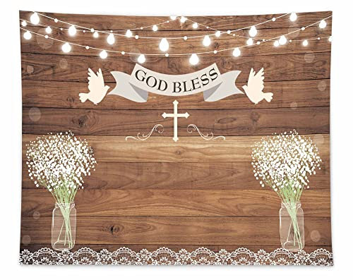 Funnytree 299,7 x 241,3 cm Erstkommunion Taufe Party Hintergrund Rustikaler Holz Gott Segen Blumen Fotografie Hintergrund Einmachgläser Blume Baby Shower Kuchen Tischdekoration Banner Fotoautomaten
