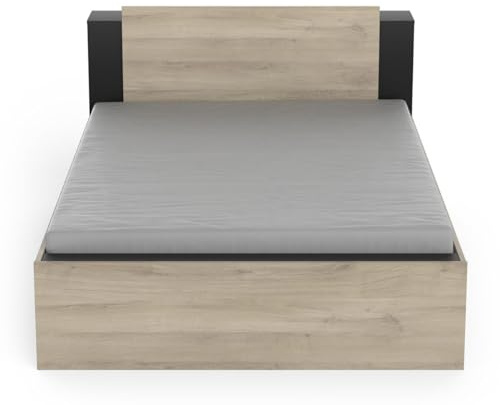Demeyere Lit 140 x 190/200 Avec Rangement Industriel 2 Tiroirs 2 Niches – Coloris Noir Mat und Chêne Clair - 144,7 x 227 x 87,7 cm
