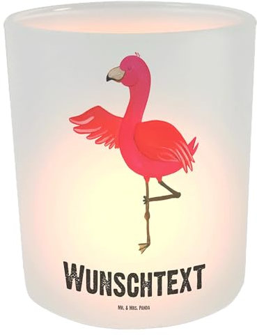 Mr. & Mrs. Panda Personalisiertes Windlicht Flamingo Yoga - Personalisierte Geschenke, Windlicht Balkon, Yoga-Übung, Vogel, Windlicht Wohnzimmer,