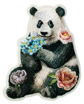Mono Quick 1215x Tiere mit Blumen, Applikation, Schimmer Bügelbild, Faultier, Panda, Eichhörnchen, Hirsch oder Waschbär Patch (12156 - Panda)