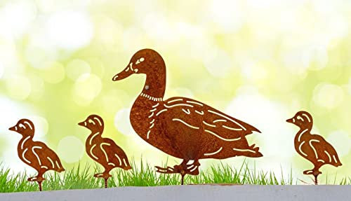 Gartenstecker Ente mit 3 Küken zum Schrauben im Rost Design - Rostfigur Enten, Gartendeko Bauernhof, Dekofigur für den Garten