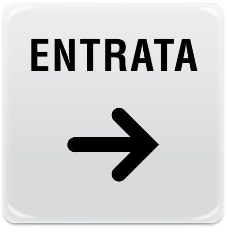 Cartello Adesivo entrata freccia destra - Pittogramma adesivo effetto lente di formato mm. 95x95, realizzati in pvc adesivo bianco e stampati attraverso tecnica serigrafica