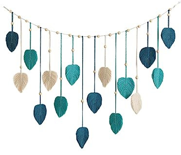 F Fityle Boho Makramee Wandbehang Blätter, Schicker Gewebte Wandteppich, Boho Wanddeko Quaste, Baumwolle Makramee Wandkunst für Wohnzimmer, Schlafzimmer, Büro, Hochzeit, Party Dekoration, Blau