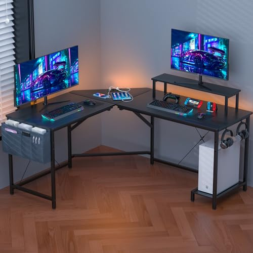 Bureau d'Angle Informatique Gaming avec Fonction de Chargement, en Coin pour Ordinateur Station de Travail, Pour Gamer, Table en Bois, pour Maison et Bureau Noir