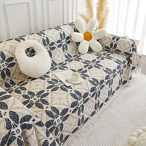 Homxi Sofabezug 4 Sitzer Big Sofa,180x320CM,Sofahusse Überzug Blumenmuster mit Quasten Überwurf für Sofa Chenille Handtuch Sofa Schwarz Khaki Couchbezug Decke