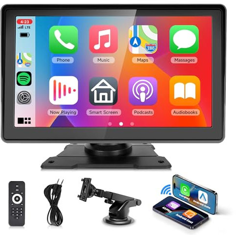 Inalámbrica Apple Carplay Android Auto Radio de Coche Portátil con Cargador de Vehículo, 7 Pulgadas Pantalla Táctil Radio Coche con Bluetooth/Transmisor FM/Mirror Link/Google/Sir/GPS/TF/AUX 12V-24V