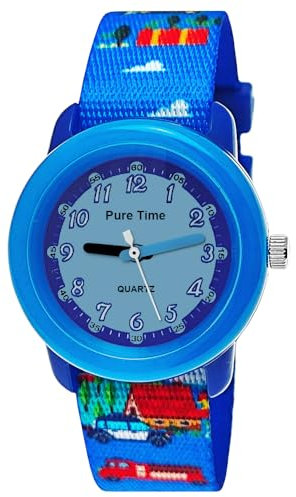 Pure Time® Kinder Uhr Jungenuhr Mädchenuhr Feuerwehr Bagger Polizei Auto Motiv Armbanduhr Textil Armband Analoge Junge Mädchen Kinderuhr Textilarmband Blau Türkis Bunt Lern-Uhr