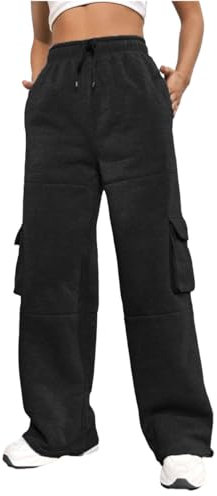 Nuofengkudu Termici Pile Larghi Felpati Pantaloni della Tuta da Donna Coulisse Elastico Vita Alta Cargo Tasche Joggers Comodi Sportivi Casa Pantalone Jogging Invernale Casual Nero M
