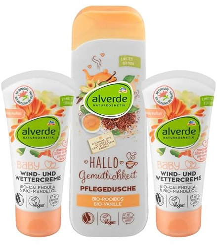 Alverde NATURKOSMETIK 3er-Set Hautpflege: BABY WIND- UND WETTERCREME schützt sanft bei Kälte & Nässe (2 x 50 ml) + Duschgel HALLO GEMÜTLICHKEIT Pflege & Reinigung Vanille Roiboos (250 ml), 350 ml