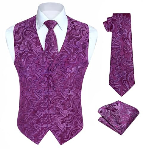 HISDERN Chaleco de Traje Hombre Boda Morado Paisley Floral Chaleco Corbata y Pañuelo Set Jacquard Chalecos para Hombre de Vestir Elegantes XL