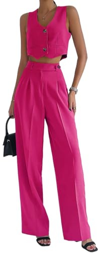 ticticlily Tailleur Pantalon Femme Chic et Élégant Ensemble 2 Piece Gilet avec Bouton et Pantalon Décontractée Outfit Ete Tailleurs de Coton Costumes de Travail Streetwear