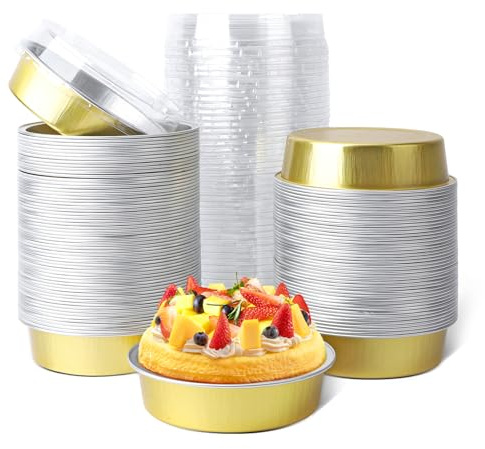 Beasea Mini Pie Tins with Lids, 120 Pack 4 Inch 8oz Disposable Creme Brulee Ramekins Golden Mini Small Aluminum Foil Pie Tart Cake Baking Pans Individual Round Containers Oven Safe for Baking